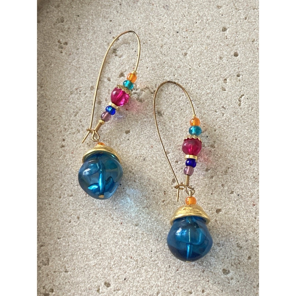 Artisan Lampwork Glass Earrings Blue Drop Dangle Multicolor Artsy Colorful